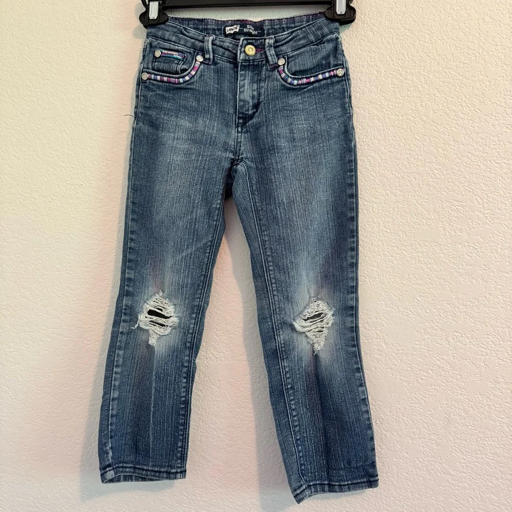 Levi's Blue Distressed Straight-Leg Jeans With Adjustable Waist and Embroidery. - Picture 1 of 13